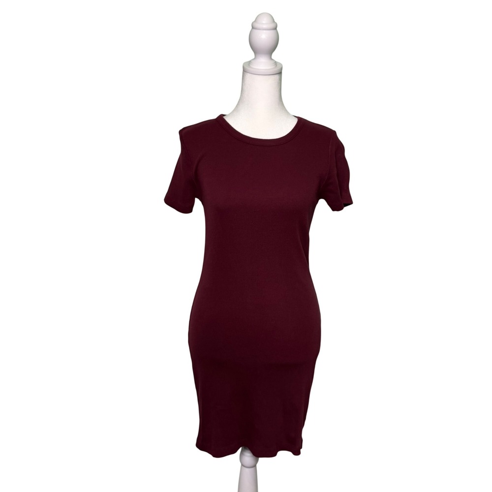 Brandy Melville Ribbed Bodycon Short Sleeve TShirt Dress Burgundy One Size